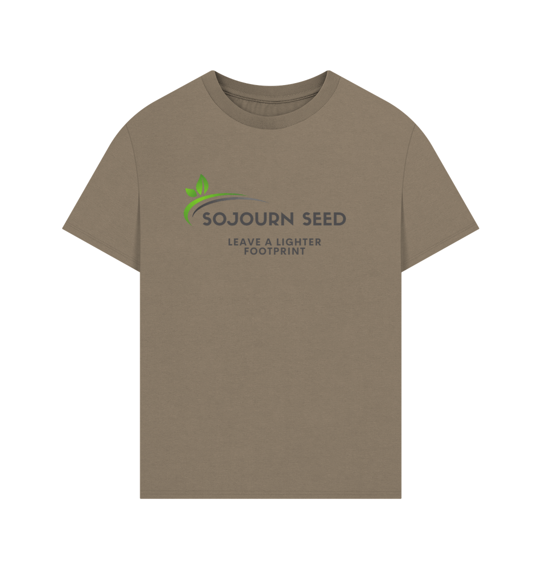 Sojourn Seed printed organic men's t-shirt in earth tone with eco-friendly message logo