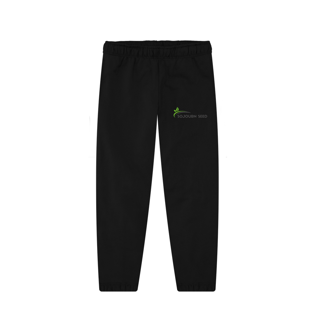 Sojourn Seed black joggers with elastic waistband and logo, everyday sweatpants for men and women