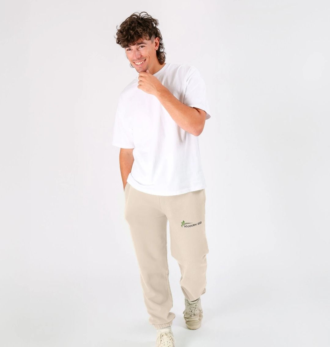 Sojourn Seed beige joggers worn by man with white t-shirt everyday sweatpants for men and women