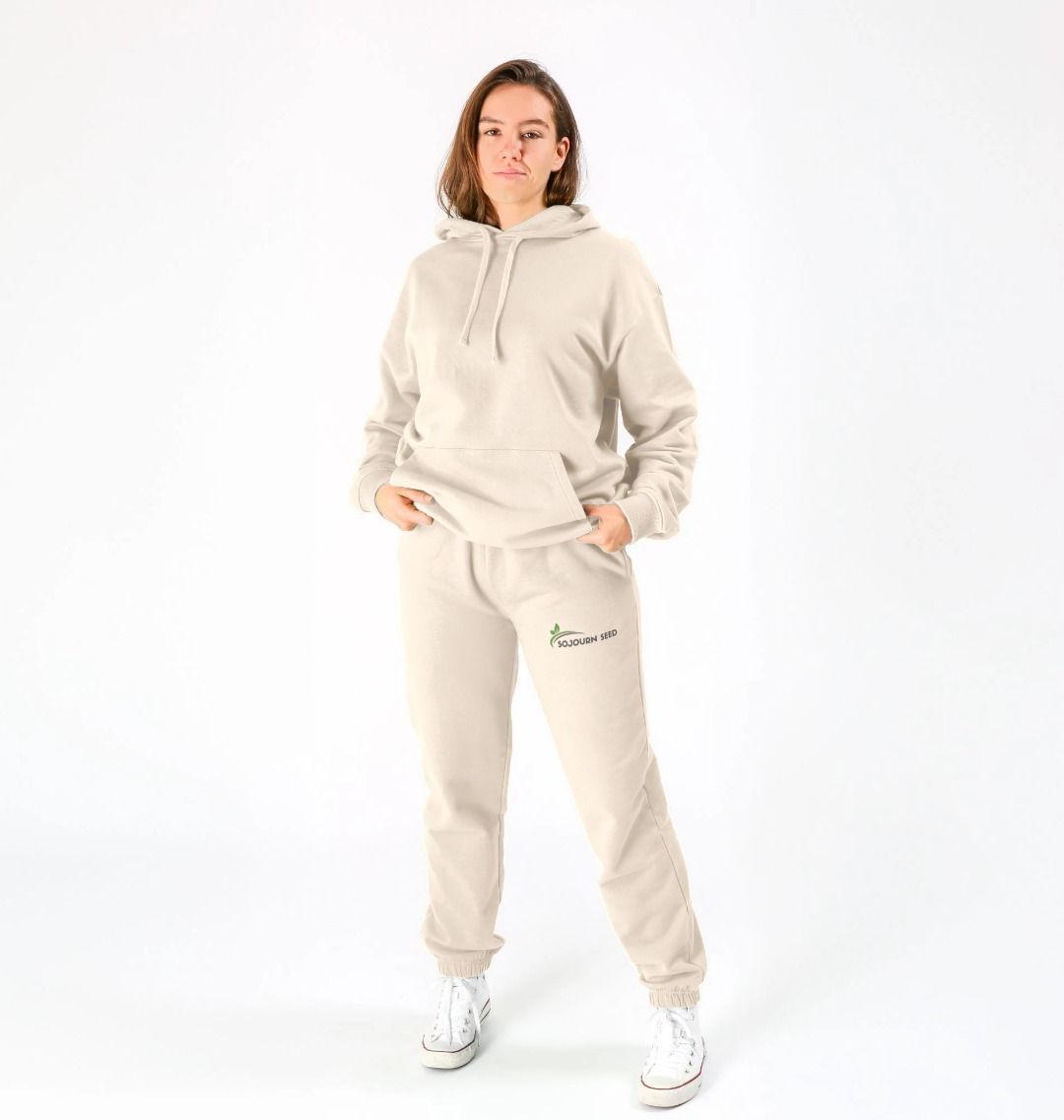 Sojourn Seed beige joggers and hoodie set featuring everyday sweatpants for men and women