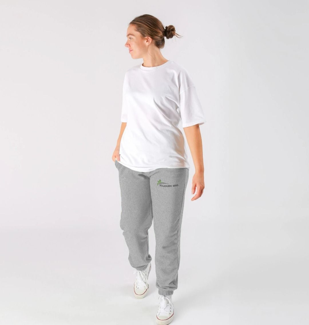 Sojourn Seed gray joggers modeled by woman styled as everyday sweatpants for men and women
