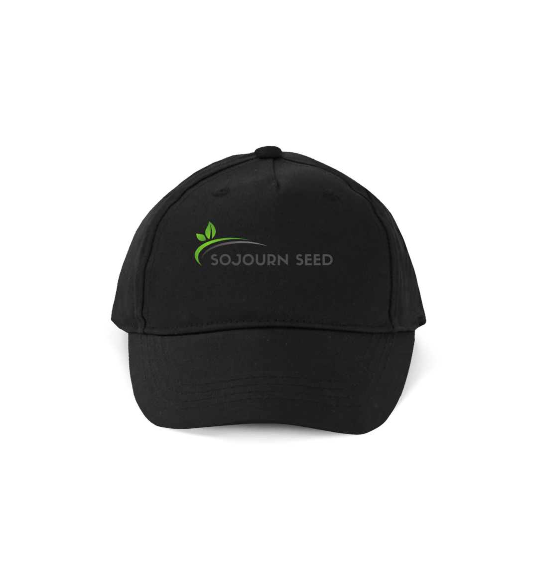 Sojourn Seed black organic cotton kids cap with green leaf logo on front panel