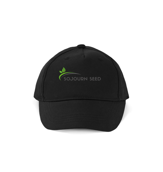 Sojourn Seed black organic cotton kids cap with green leaf logo on front panel