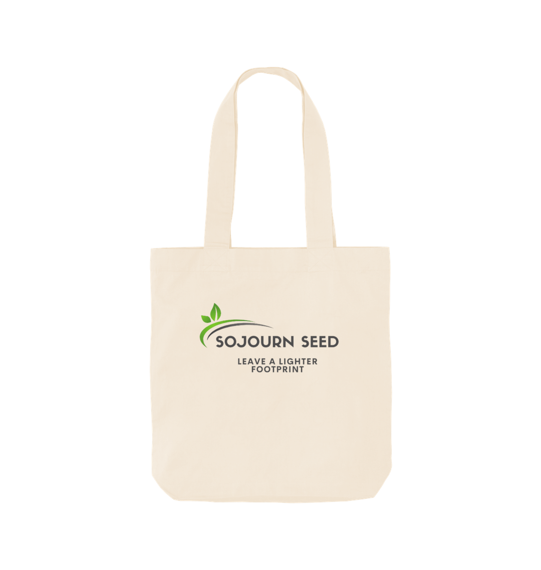 Sojourn Seed printed organic cotton tote bag with green logo and eco-friendly message