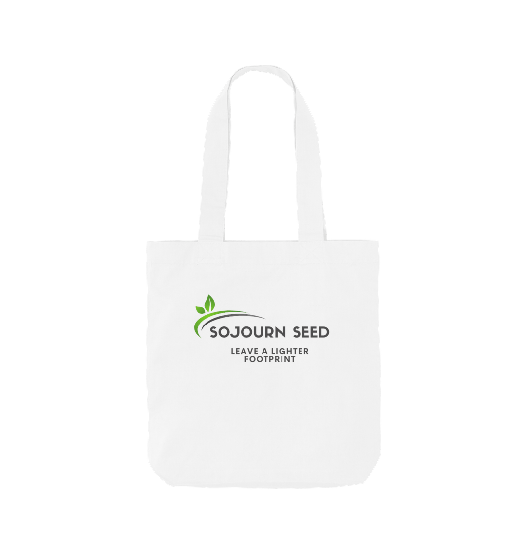 Sojourn Seed white printed organic cotton tote bag with eco-friendly logo and slogan