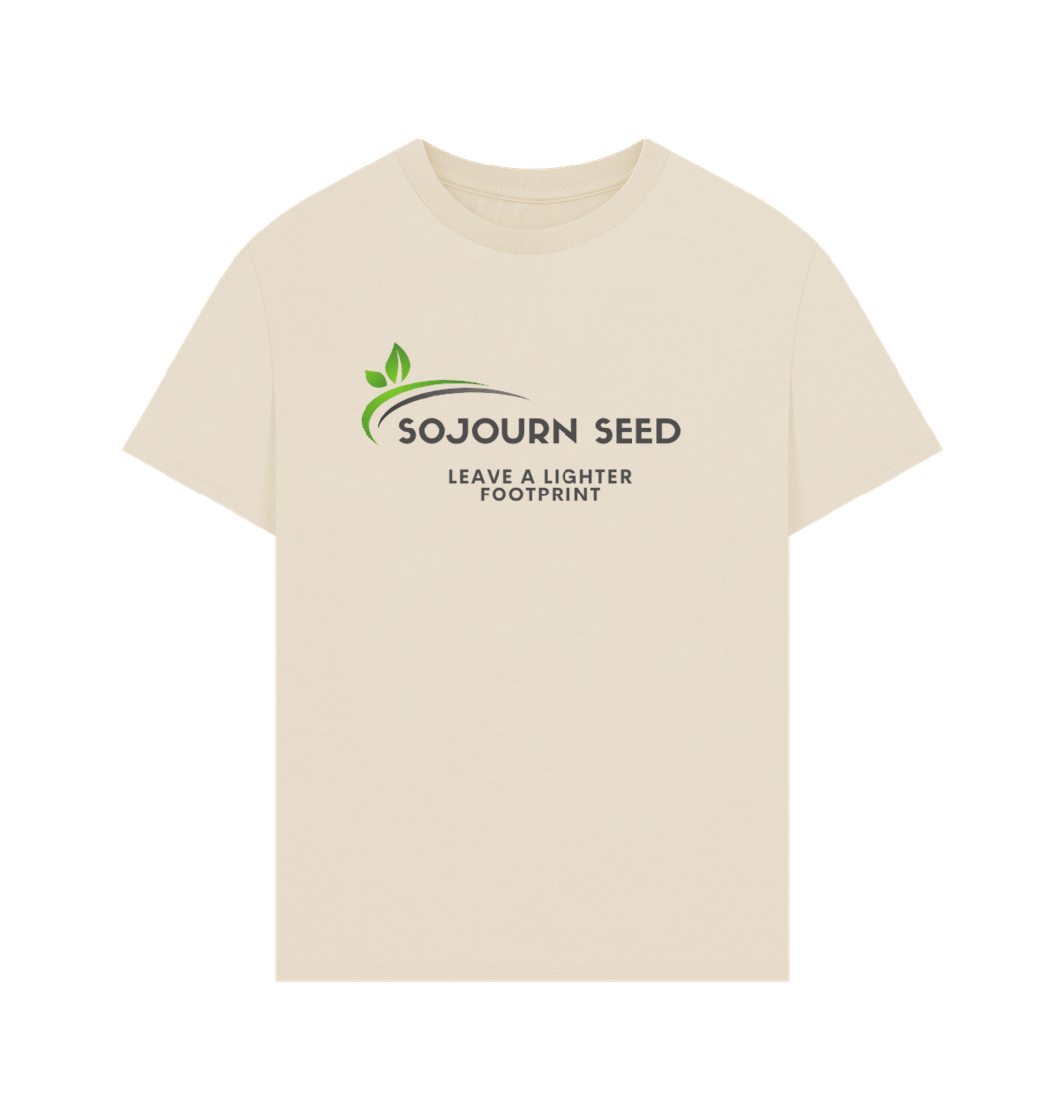 Sojourn Seed printed organic men's t-shirt in beige with eco-friendly message and leaf design