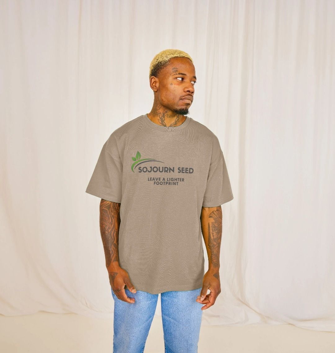 Sojourn Seed printed organic men's t-shirt in beige with Leave a Lighter Footprint design