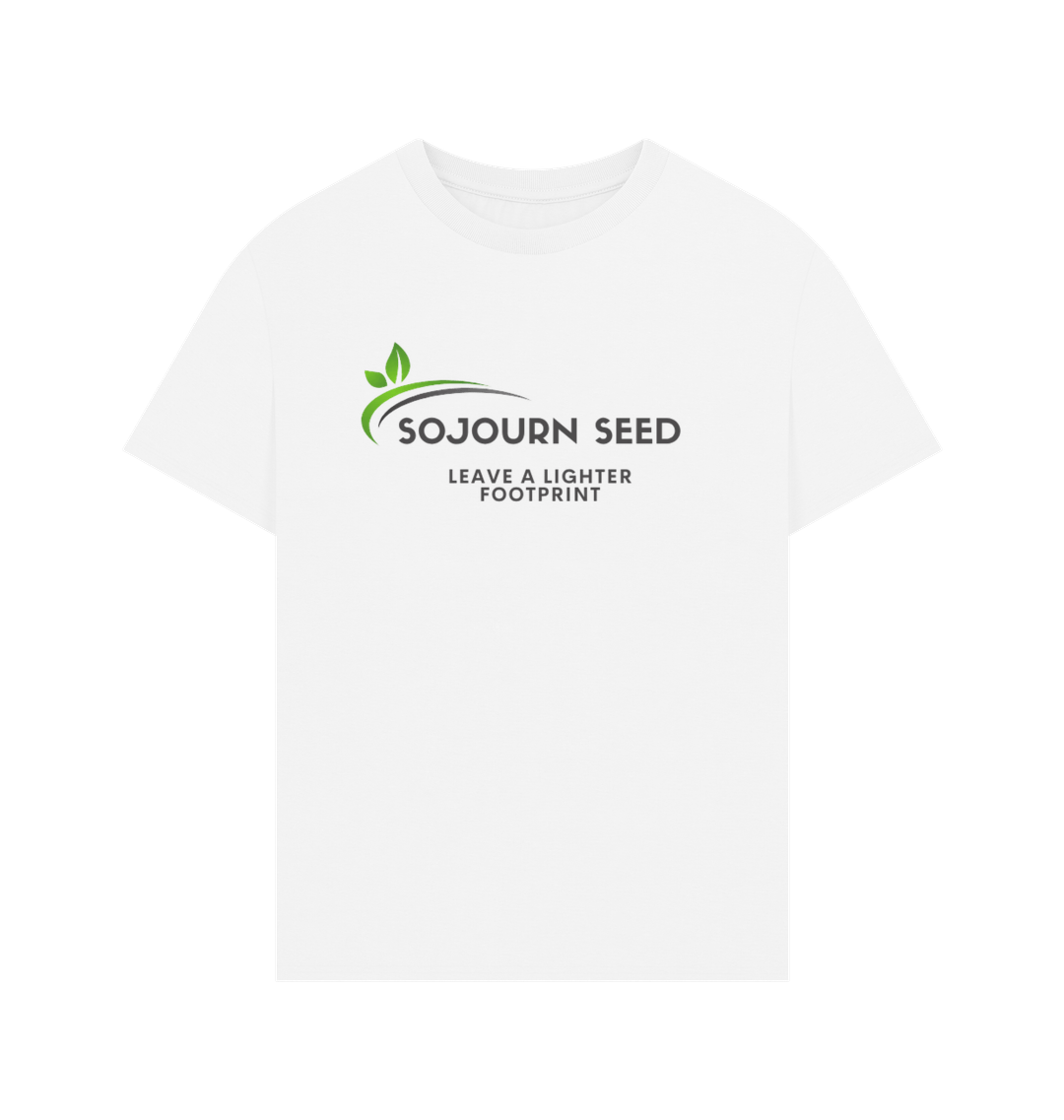 Sojourn Seed printed organic men's t-shirt in white with eco-friendly logo and message