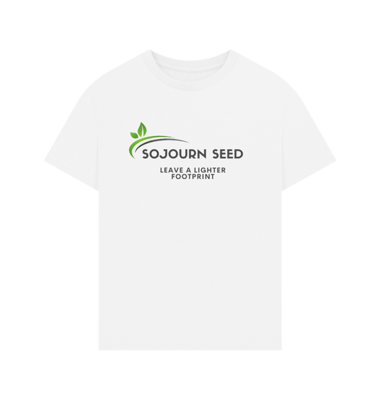 Sojourn Seed printed organic men's t-shirt in white with eco-friendly logo and message