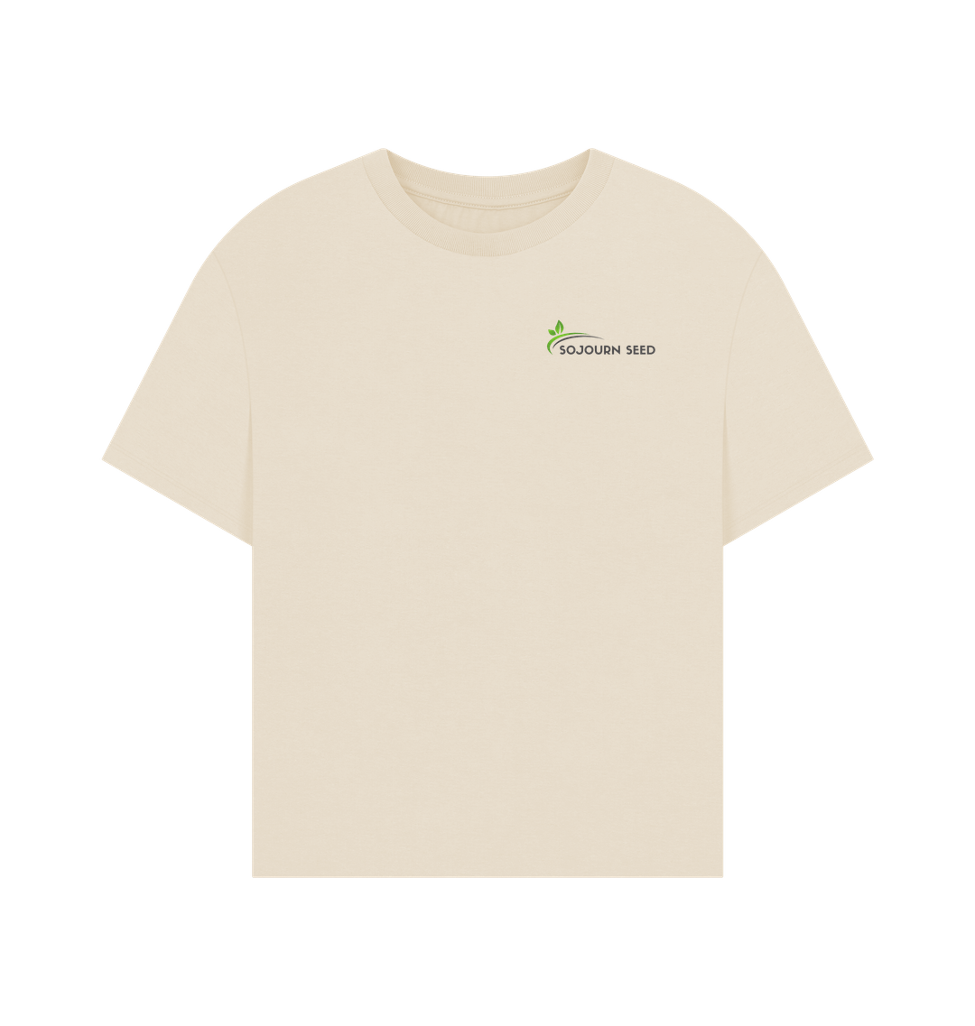 Sojourn Seed organic women's t-shirt in cream with small green logo on chest