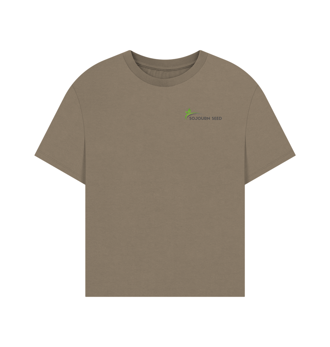 Sojourn Seed printed organic women's t-shirt in taupe with small logo on chest