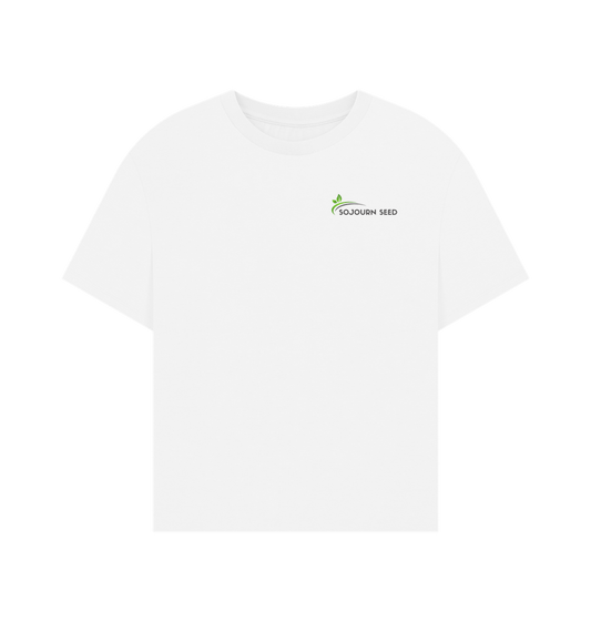 White Sojourn Seed printed organic women's t-shirt with small logo on front left chest