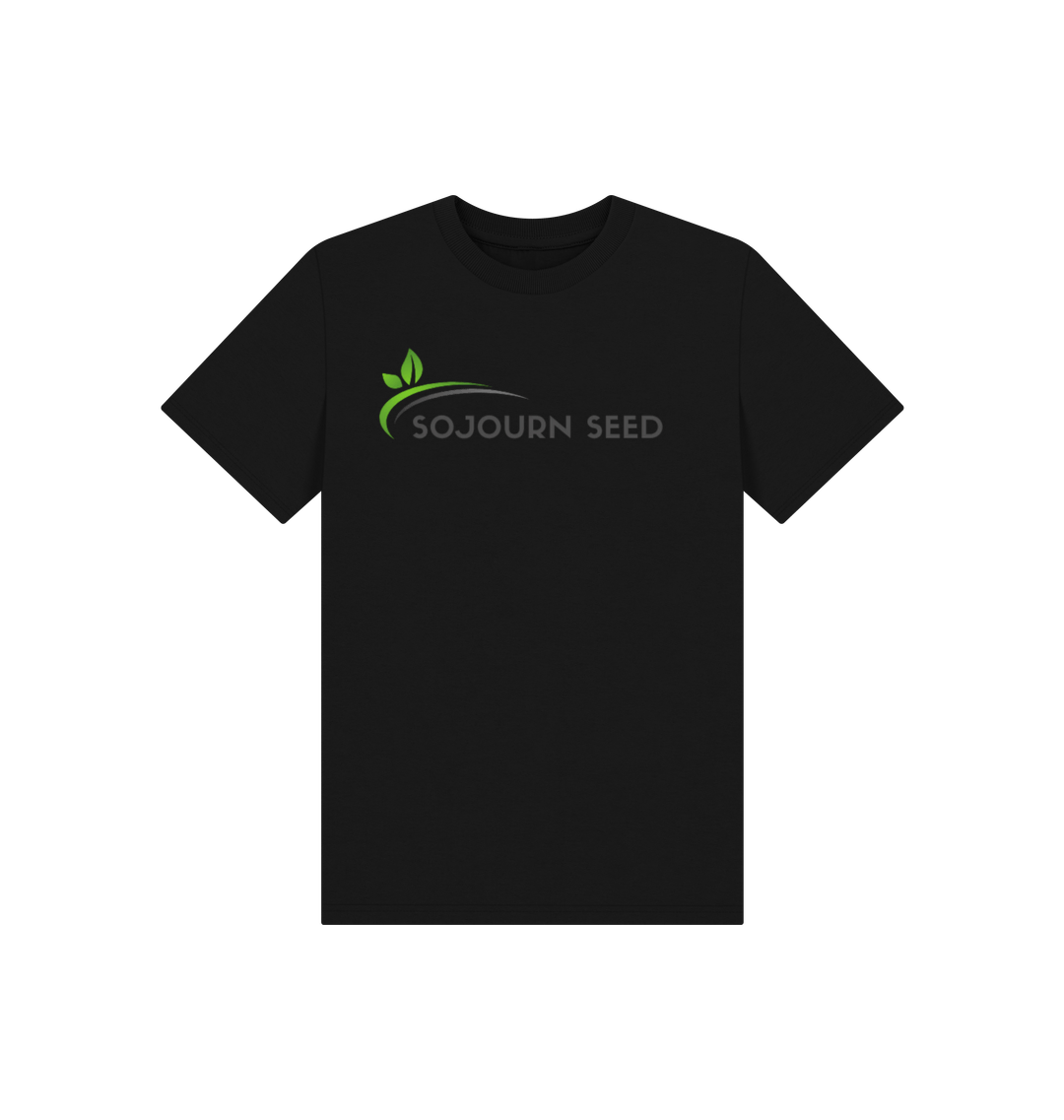 Sojourn Seed black youth organic graphic t-shirt with green leaf logo printed on front