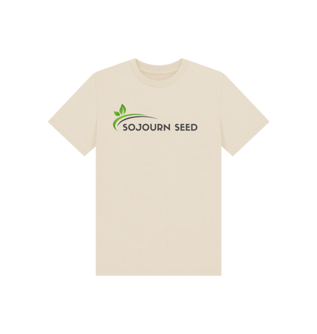 Sojourn Seed printed kids t-shirt in beige featuring logo design youth organic graphic t-shirt