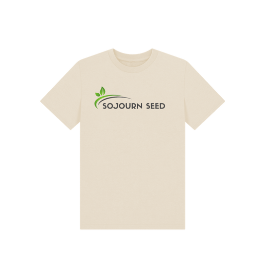 Sojourn Seed printed kids t-shirt in beige featuring logo design youth organic graphic t-shirt