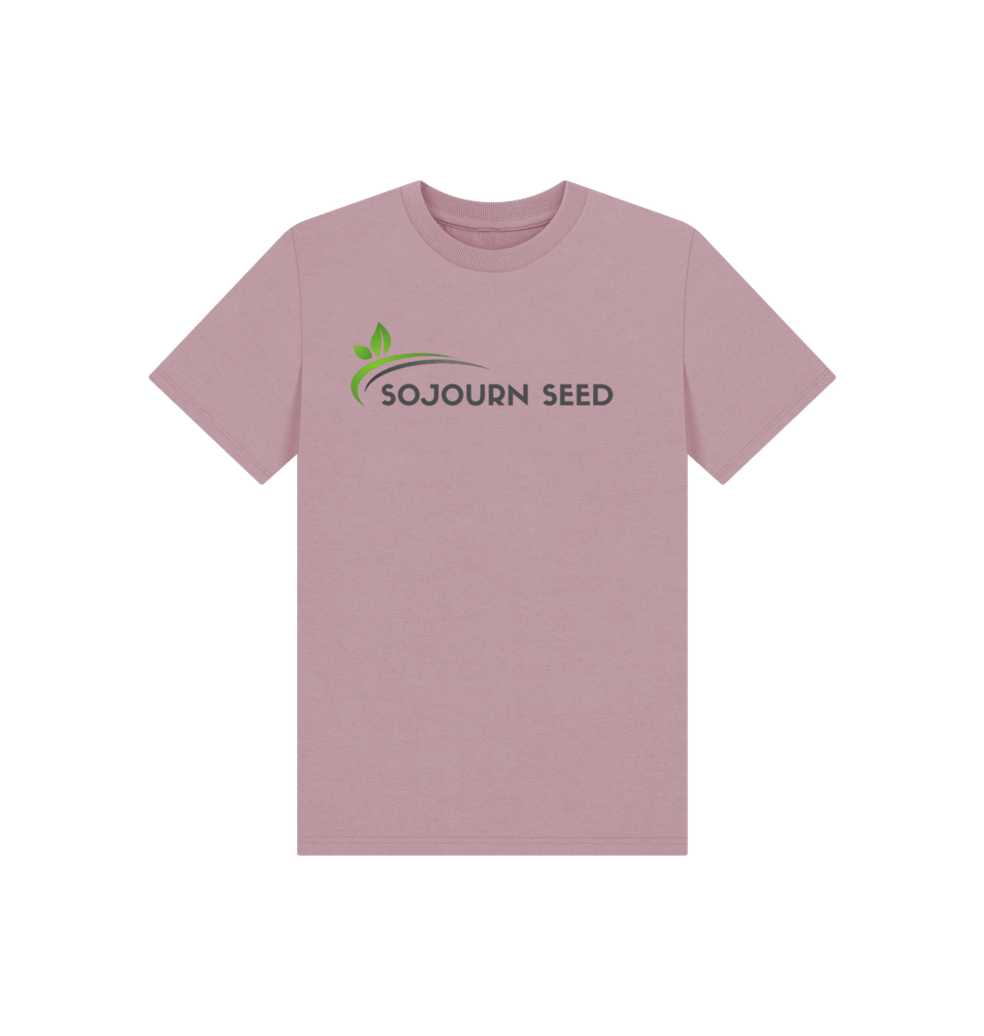 Sojourn Seed printed youth organic graphic t-shirt in soft pink with logo design